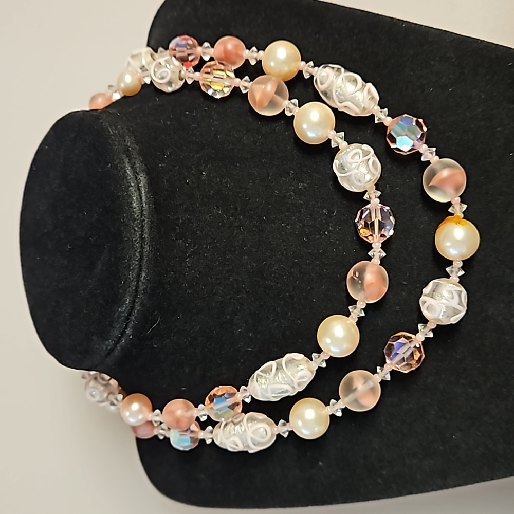 Double strand pink faux pearls crystals beaded necklace lampwork beads beautiful
